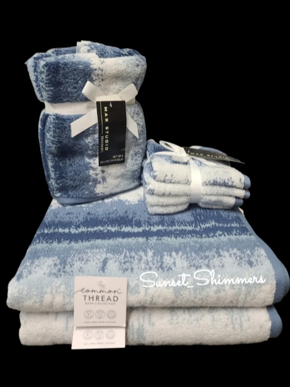 8pc Max Studio Cotton Bath Hand Washcloth Towel Set Blue White Ombre NEW
